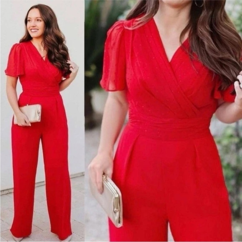 Gal Meets Glam Brielle Red Clip Dot Flutter Sleeve Jumpsuit